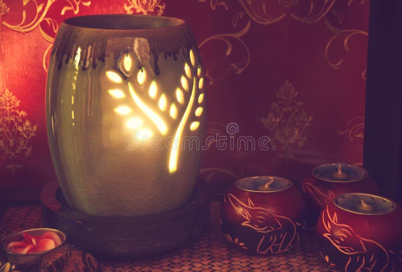 Thai Spa Massage Setting with Aroma Oil and Candles. Stock Image