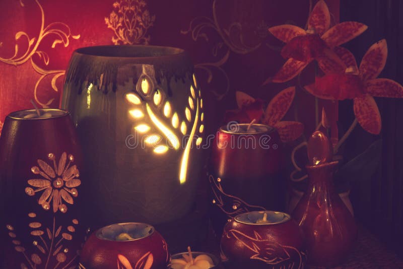 Thai Spa Massage Setting with Aroma Oil and Candles. Stock Image