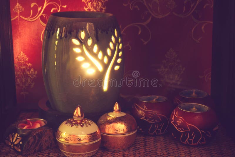 Thai Spa Massage Setting with Aroma Oil and Candles. Stock Image