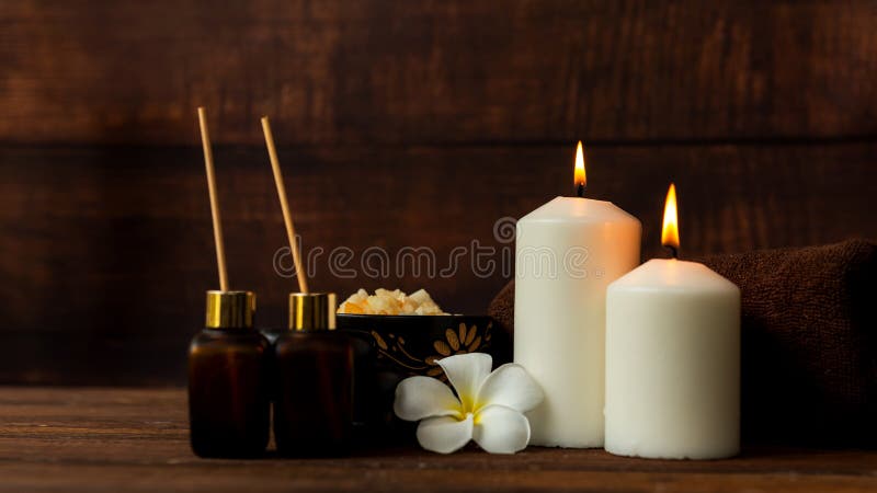 Thai spa massage. Spa treatment cosmetic beauty. Therapy aromatherapy for care body women. With candles for relax wellness. Aroma and salt scrub setting ready
