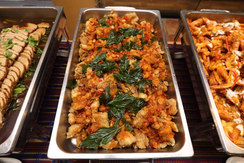 Thai Spicy Food in Buffet Catering Plate Ready To Eat Stock Photo