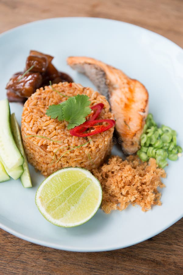 Thai Spicy Fried Rice with Salmon. Stock Image Image of fish, mixed