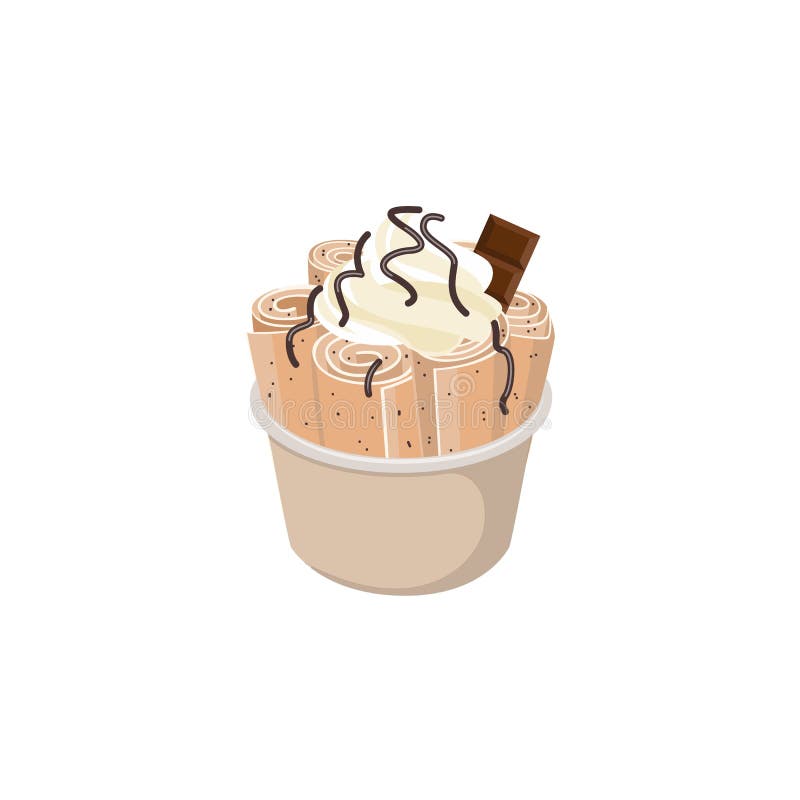 Thai stir-fried ice cream with piece of chocolate, vector illustration isolated.