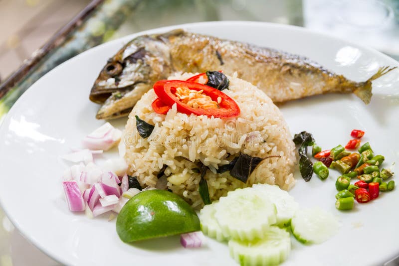Thai Style Fried Basil and Rice with Mackerel Stock Photo Image of