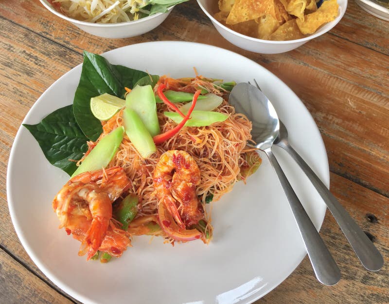 Thai Style Spicy Shrimp Stir-Fry with Noodles. Stock Photo - Image of