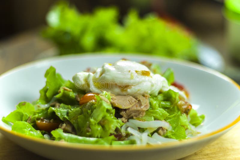 Thai Tuna Salad with Egg, Spicy Tuna Salad Onion and Tomatoes in Plate