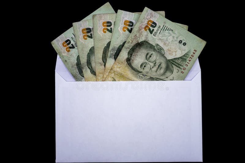 Thaibath Money in a White Envelope, Isolated Black, Full Envelope Stock