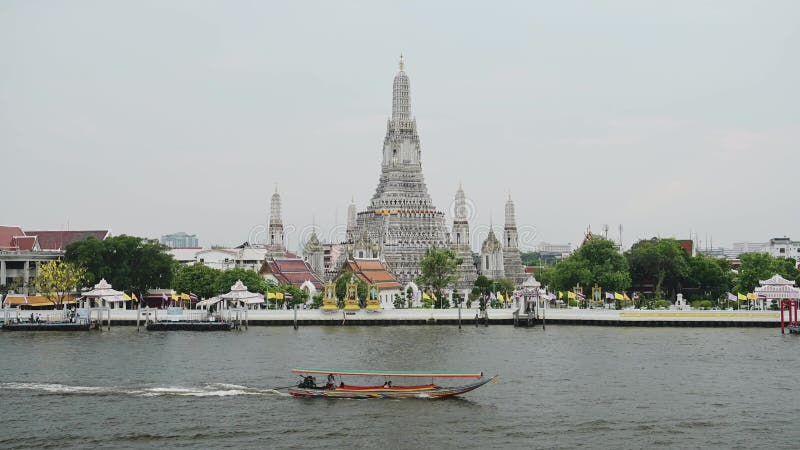 Thailand Bangkok River City Scene, Tourist Boat Trip Water Taxi and Buddhist Temple of Wat Arun City