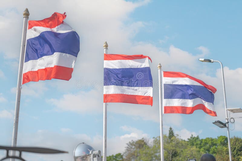 Thailand Flag. Image of Waving Three Thai Flags of Thailand with Blue