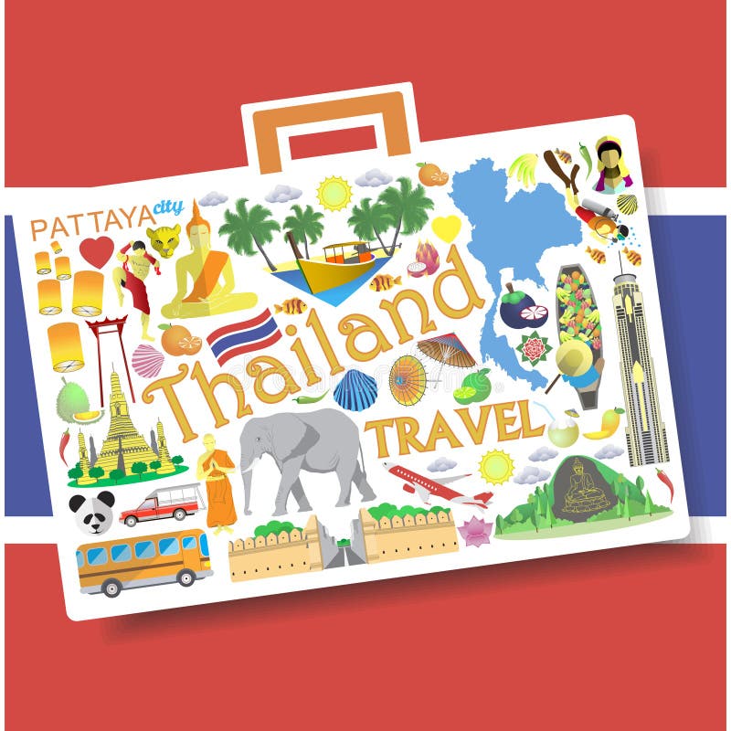 Thailand-Reisekonzept Stellen Sie Vektorikonen und -symbole in der Form des Koffers ein stock abbildung Thailand-Reisekonzept Stellen Sie Vektorikonen und -symbole in der Form des Koffers ein stock abbildung