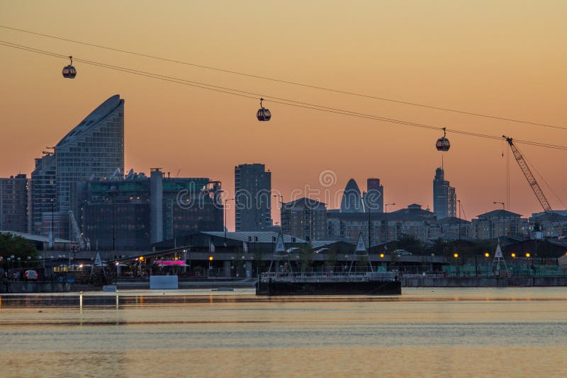 Thames Cable Car over Docklands at sunset