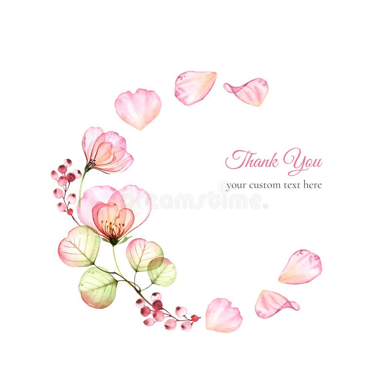 Thank you card with text. Watercolor transparent rose bouquet with flying petals. Round frame composition isolated on