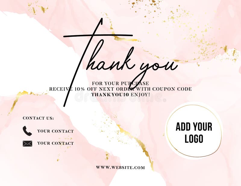 Thank You Card watercolor pink gold, customer service women business card , promotion Voucher , post purchase insert. Elegant