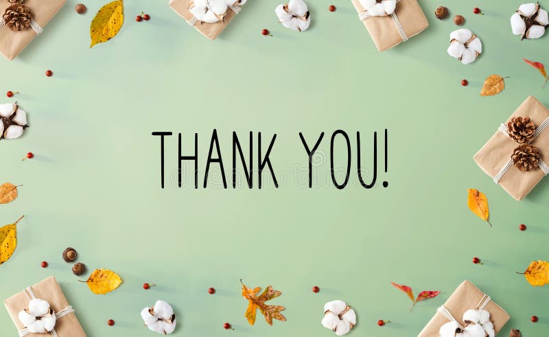 Thank you message with gift boxes with leaves royalty free stock images Thank you message with gift boxes with leaves royalty free stock images