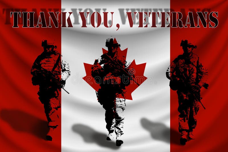 THANK YOU VETERANS against the background of the Canadian flag with soldiers stock illustration THANK YOU VETERANS against the background of the Canadian flag with soldiers stock illustration