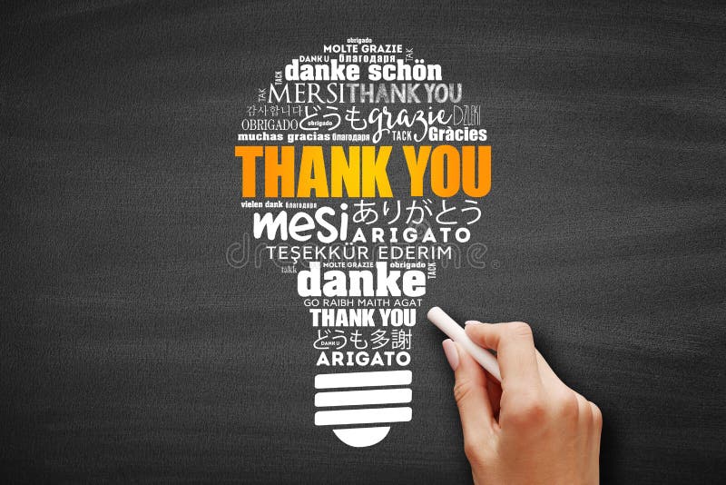 Thank You Word Cloud bulb in many languages stock photo