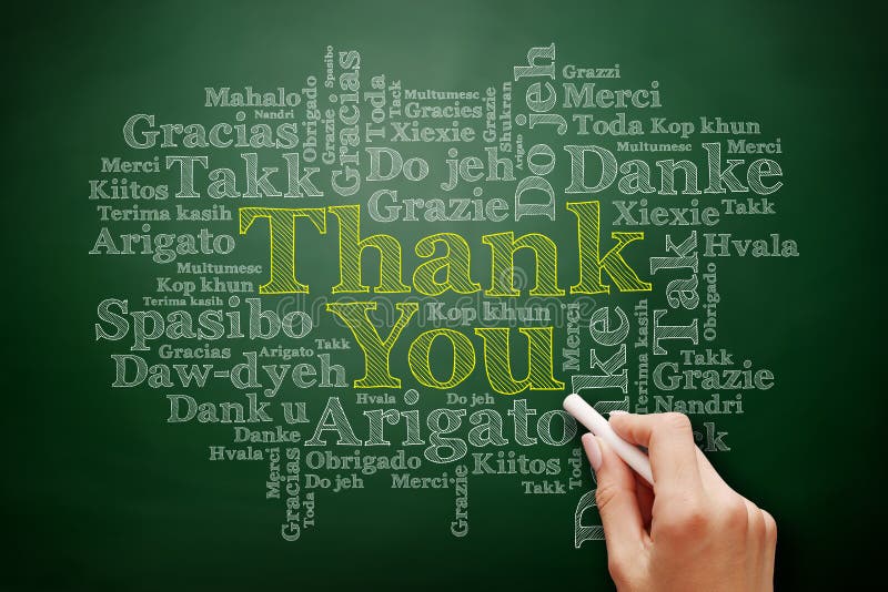 Thank You Word Cloud in many languages on blackboard, presentation background stock images