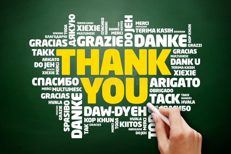 Thank You Word Cloud in many languages on blackboard, presentation background royalty free stock photo