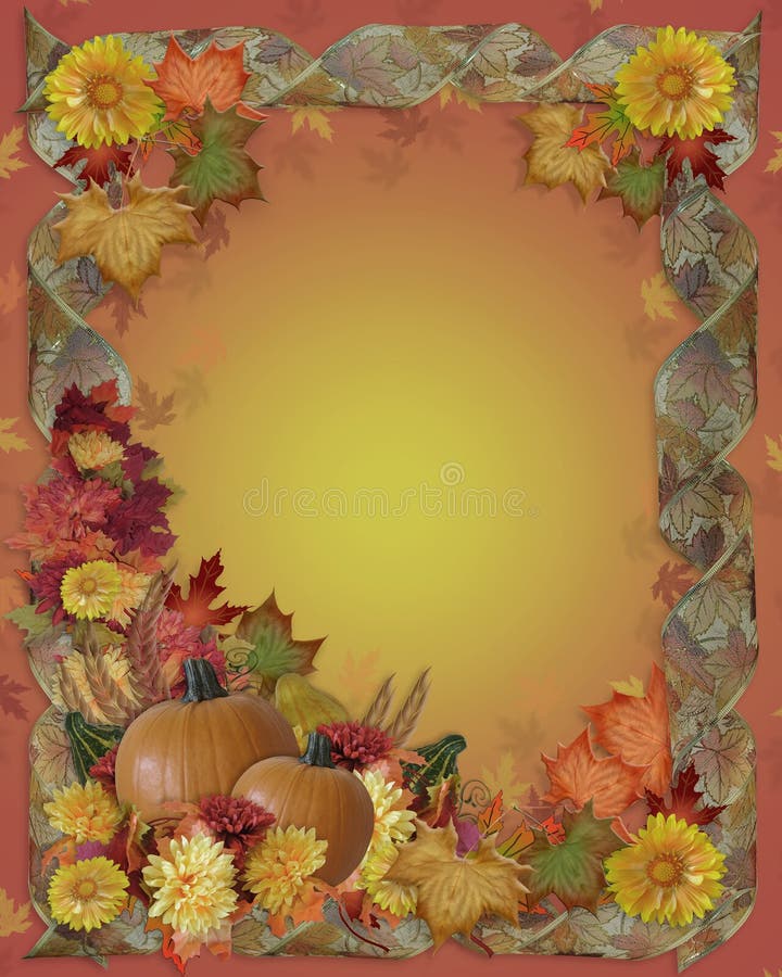 Image and Illustration composition for Thanksgiving greeting card, Fall invitation, border or background with Autumn flowers, ribbons, pumpkins and leaves. Copy space. Autumn border fall halloween leaves pumpkins illustrations