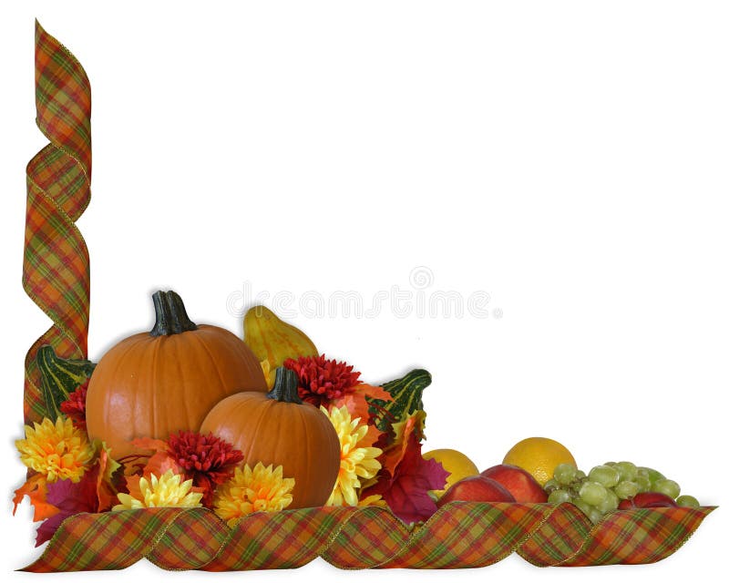 Image and Illustration composition plaid ribbons for Autumn, Fall or Halloween, Thanksgiving invitation, border or background with pumpkins, gourds, flowers, fruit, copy space. Autumn border fall halloween leaves pumpkins illustrations