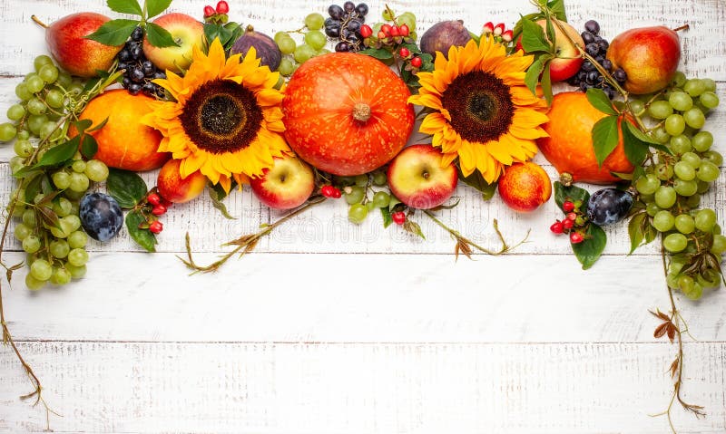 Thanksgiving background with autumn pumpkins, fruits