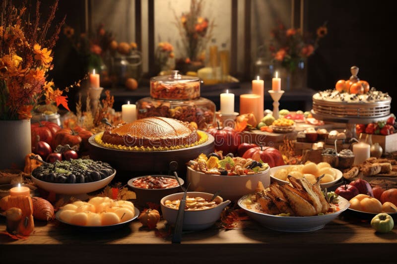 Thanksgiving Buffet Spread with a Variety of Stock Illustration