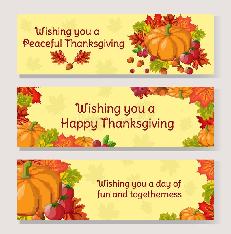Thanksgiving Day banner set. Pixel art autumn composition with foliage and vegetables vector illustration Thanksgiving Day banner set. Pixel art autumn composition with foliage and vegetables vector illustration