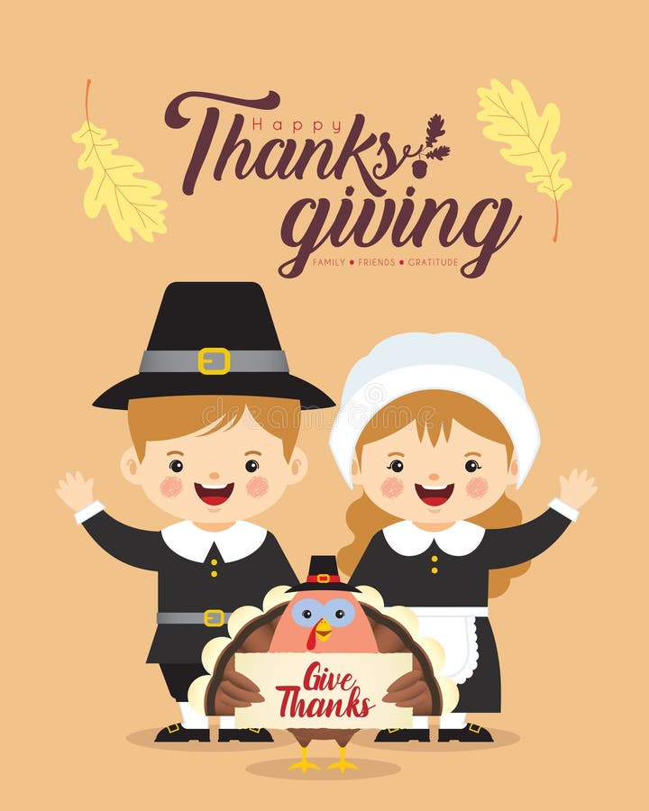 Thanksgiving day - cartoon pilgrim couple with turkey bird holding thanksgiving sign