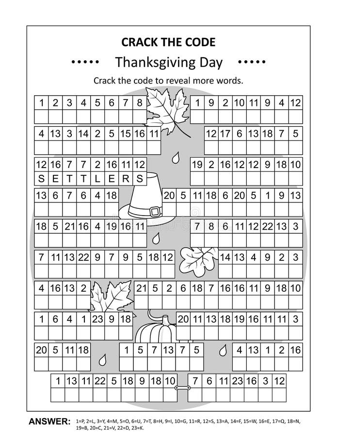 Thanksgiving Day crack the code word game, or codebreaker word puzzle US version. Answer included. royalty free illustration