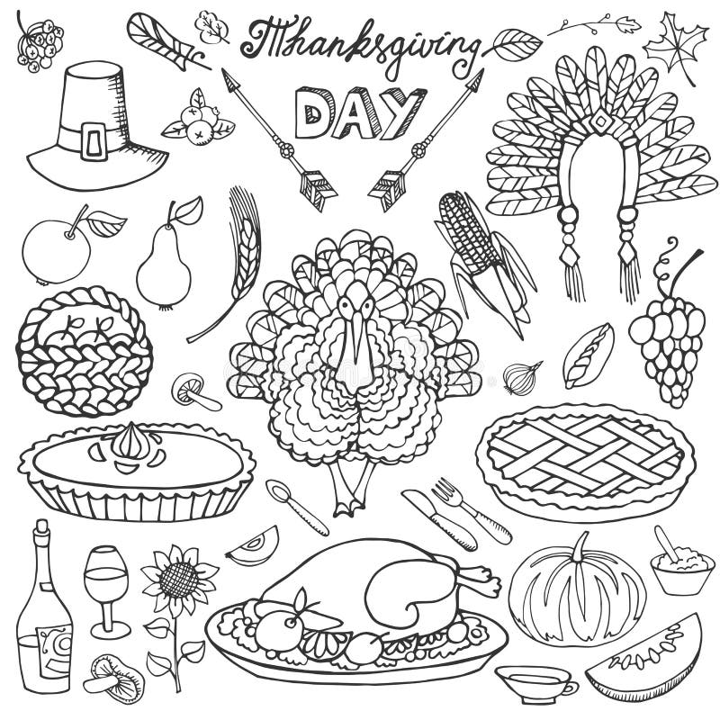 Thanksgiving Day.Doodle Food Icons.Colorful Set Stock Vector ...