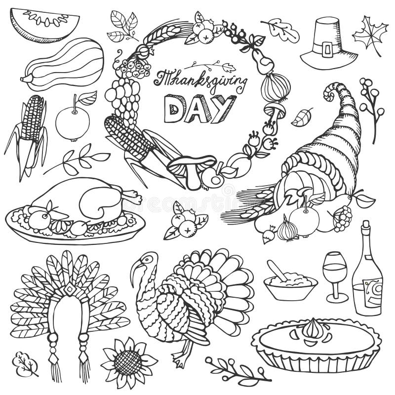 Thanksgiving Day.Doodle Food Icons.Colorful Set Stock Vector ...