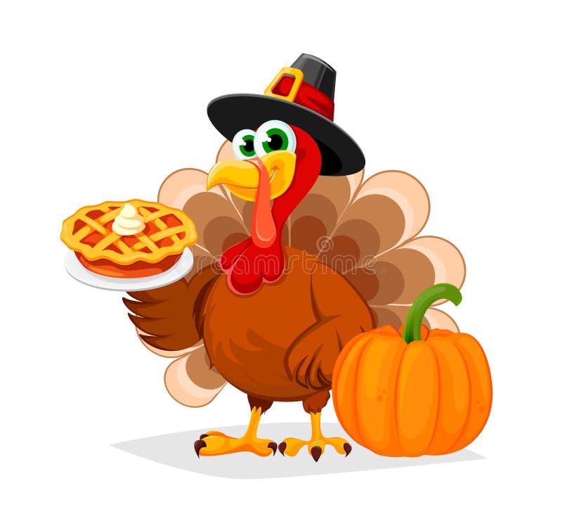 Funny cartoon character turkey bird in pilgrim hat holds sweet pie and stan...