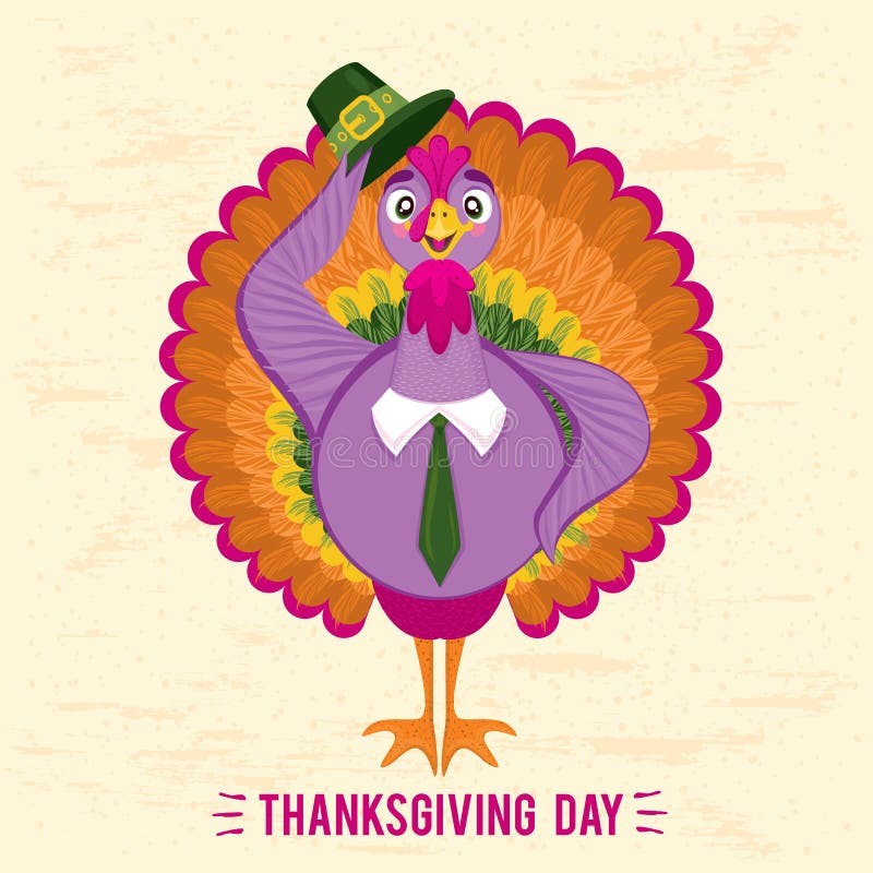 Thanksgiving Day greeting card with cute happy cartoon of turkey bird vector illustration Thanksgiving Day greeting card with cute happy cartoon of turkey bird vector illustration
