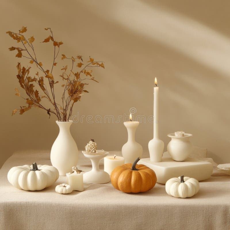 Thanksgiving Day table decorated with pumpkins, candles, and autumn leaves. Concept table setting for Thanksgiving. stock image