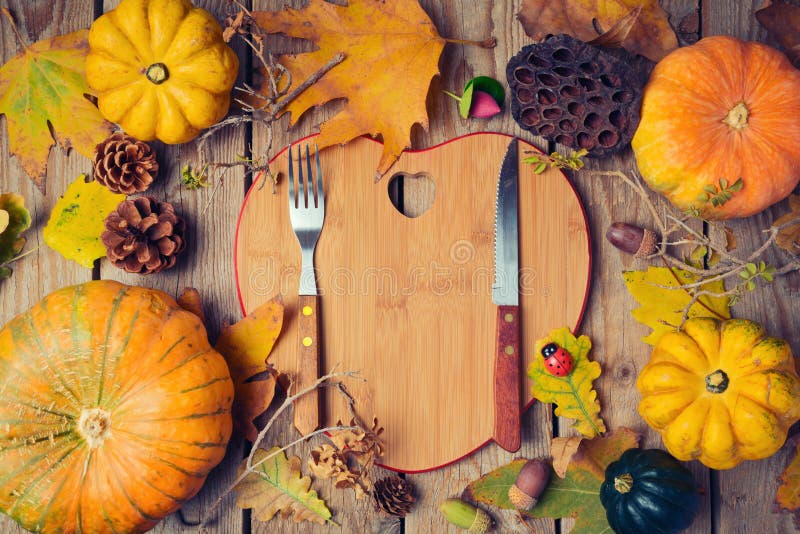 Thanksgiving Dinner Background with Heart Shape Board. Autumn Pumpkin ...