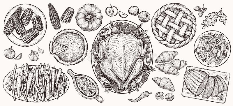 Thanksgiving dinner, top view. Food vector realistic illustrations. vector illustration