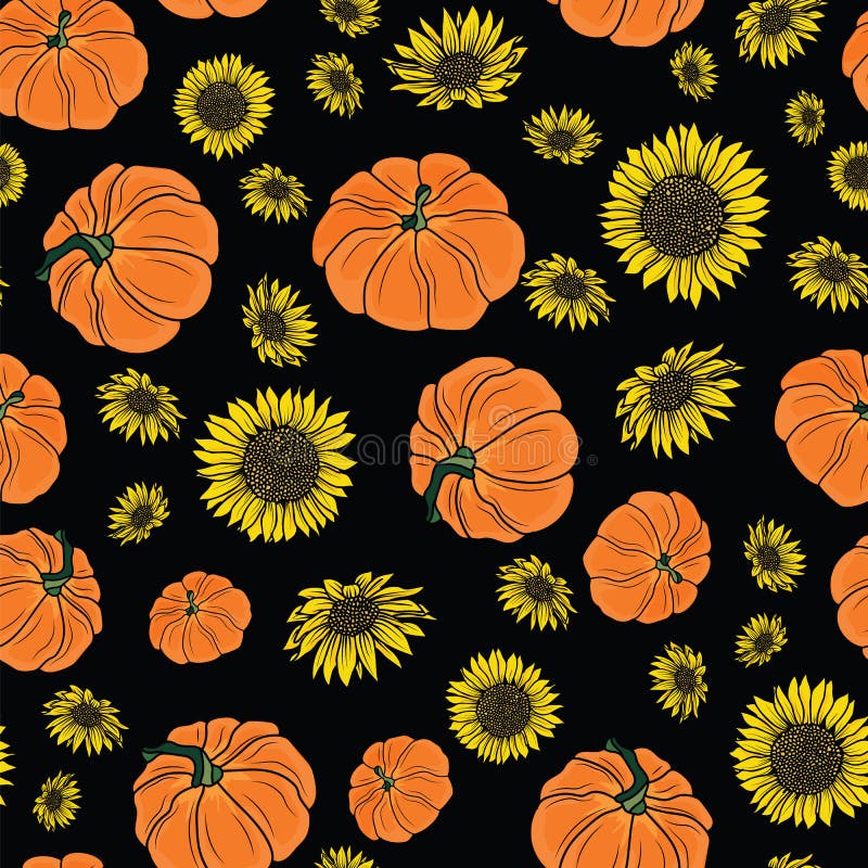 Thanksgiving Doodle Pumpkins, Sunflower Seamless Pattern Background Design  Stock Vector - Illustration of decoration, autumn: 195271181