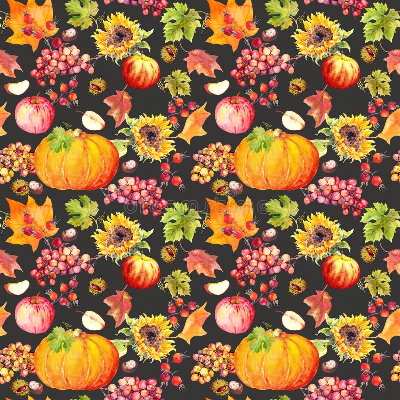 Thanksgiving seamless background. Fruits, vegetables - pumpkin, autumn leaves. Watercolor royalty free illustration Thanksgiving seamless background. Fruits, vegetables - pumpkin, autumn leaves. Watercolor royalty free illustration