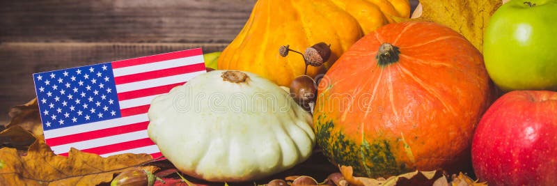 Banner. Thanksgiving in the States. Autumn Harvest. Pumpkins, Apples in ...