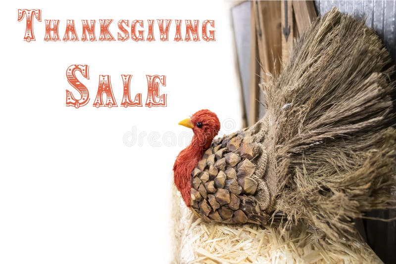 Thanksgiving turkey made out of pinecone and burlap and straw at side of white background - selective focus - Thanksgiving sale
