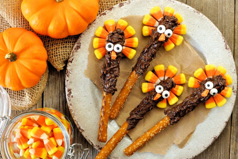 Thanksgiving Turkey Pretzel Rods, Overhead on Wood Stock Image - Image ...