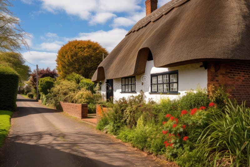 Thatched cottage with a charming cobblestone path royalty free stock photo
