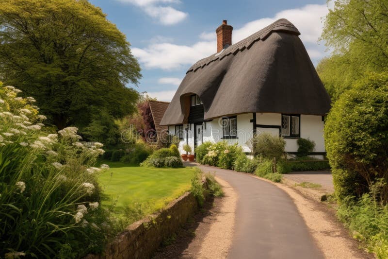 Thatched cottage with a charming cobblestone path stock photos