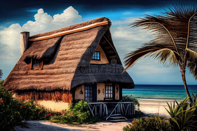Thatched house on the beach, overlooking the ocean stock photo