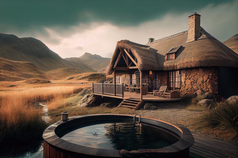 Thatched House with Deck and Hot Tub, Surrounded by Beautiful Mountain