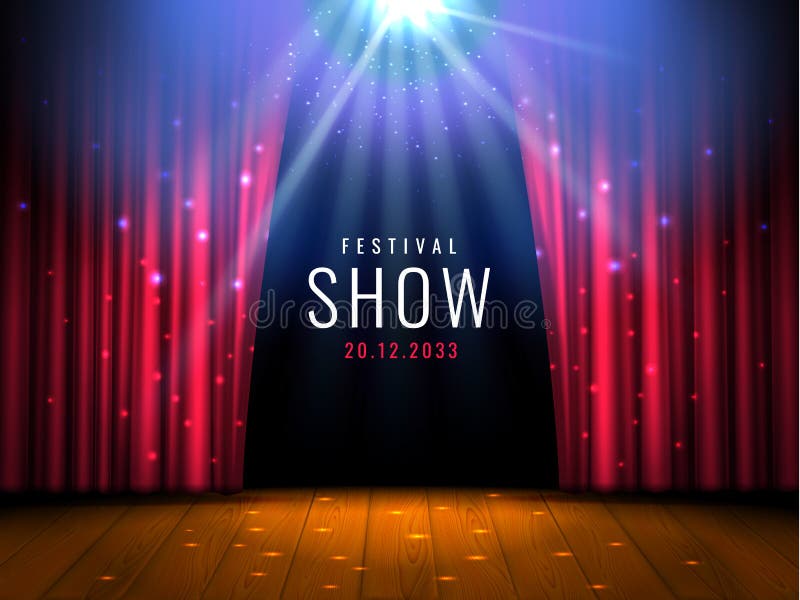 Theater houten stadium met rood gordijn en schijnwerper Vector feestelijk malplaatje met lichten en scène Afficheontwerp voor stock illustratie Theater houten stadium met rood gordijn en schijnwerper Vector feestelijk malplaatje met lichten en scène Afficheontwerp voor stock illustratie