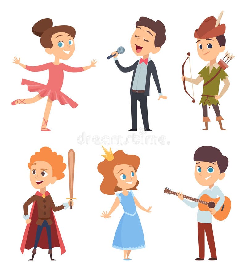Theater kids. Children making performance at school stage vector funny characters theatre actors in action poses vector illustration Theater kids. Children making performance at school stage vector funny characters theatre actors in action poses vector illustration