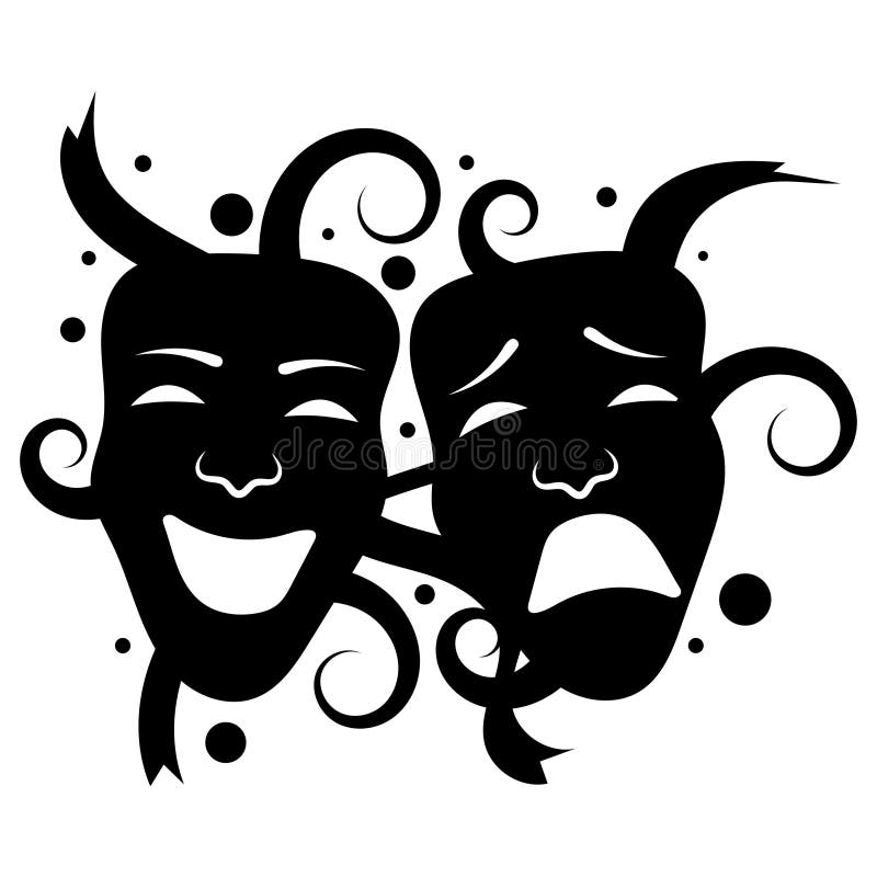 Theater Masks Drama och komedi Illustration för teatern Tragisk och komedi Svartvit illustration Tattoo vektor illustrationer