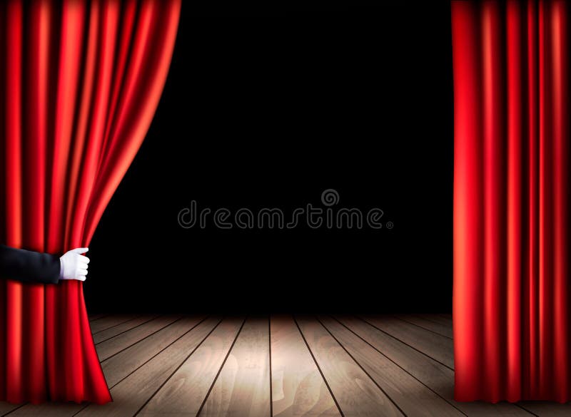 Theater stage with wooden floor and open red curtains. stock illustration