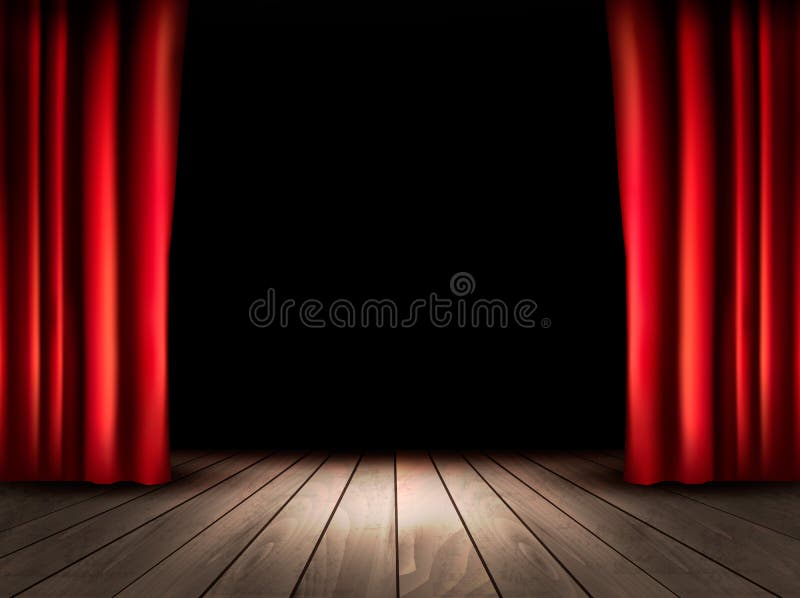 Theaterstadium met houten vloer en rode gordijnen